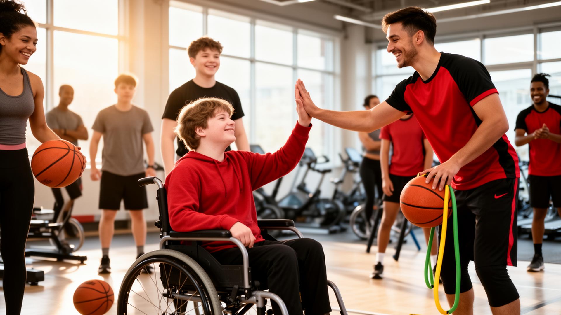Coach high-fiving a teen in a wheelchair during an inclusive adaptive fitness session